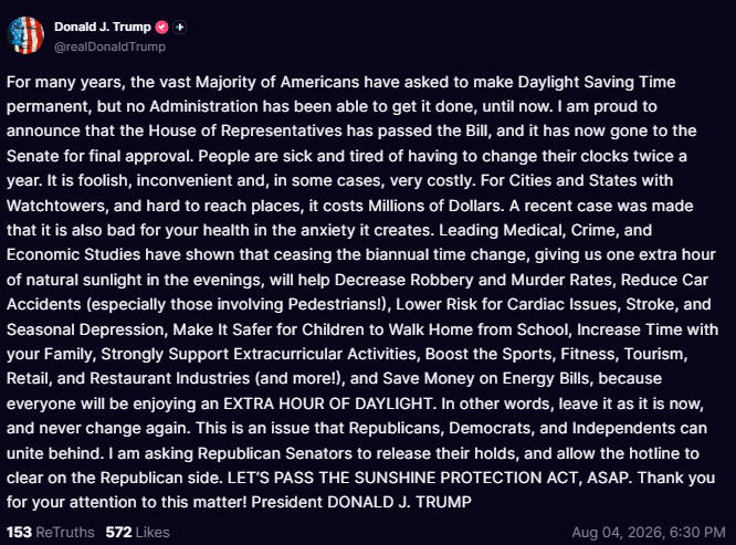 KobeissiLetter's tweet photo. BREAKING: President Trump calls for the Senate to pass the Sunshine Protection Act which makes Daylight Saving Time permanent. https://t.co/izboLTbXii