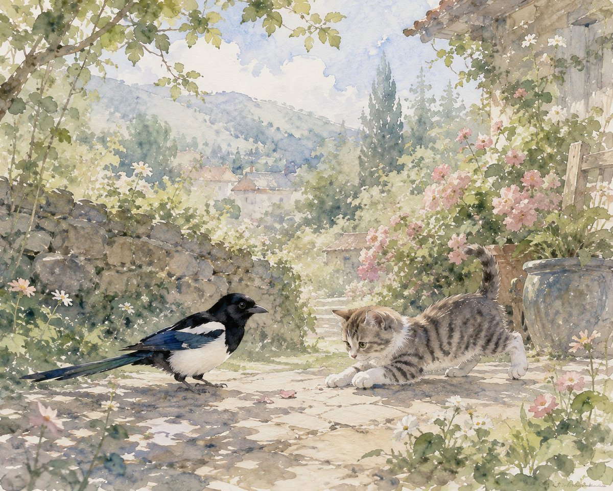 Serunev's tweet photo. 프롬공유
masterpiece, best quality, ultra detailed,
soft watercolor painting,
traditional watercolor illustration,
delicate brush strokes,
soft color bleeding,
paper texture,
pastel color palette,

peaceful countryside garden,
flower-filled stone pathway,
old stone wall,
lush green plants,
blooming pink and white flowers,
wildflowers,
wooden fence,
large ceramic flower pot,
rustic cottage,
distant village,
rolling green hills,
misty mountains,
blue sky,
fluffy white clouds,
warm spring morning,
gentle sunlight filtering through tree leaves,
soft shadows,
fresh breeze,
calm and healing atmosphere,
storybook illustration,
fairytale scenery,
highly detailed nature,
cinematic composition,

[동물 A],
[동물 B],

the two animals facing each other,
playing together,
curious expressions,
friendly interaction,
natural poses,
small distance between them,
harmonious composition,
heartwarming atmosphere,
peaceful everyday moment,
adorable interaction,
focus on the relationship between the two animals,
soft depth of field,
dreamlike watercolor aesthetic