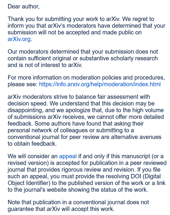 niyoltsoh's tweet photo. It seems I've been banned from arXiv. They call it moderation, but is the preprint server really the one judging the scientific content? In fact, all of my previous submissions have been accepted or progressed to a positive report, so I cannot accept this comment. https://t.co/zMcfr423ml
