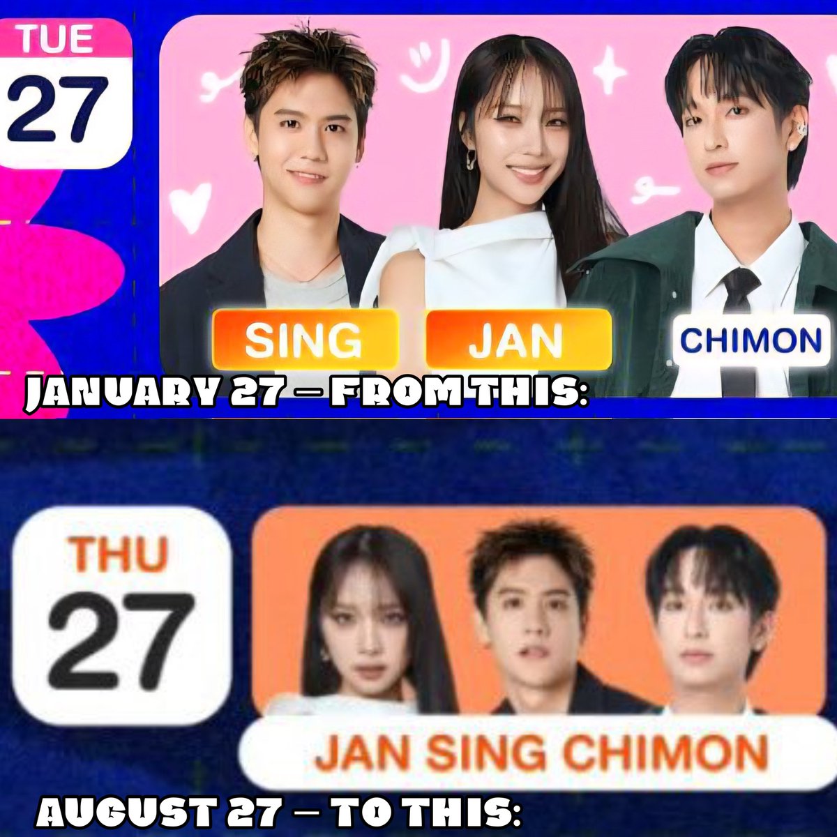 SPACE4SINCHAS's tweet photo. AUGUST 27, EVERYONE! MAKE SURE TO MARK YOUR CALENDARS 🗓️

Will we have bantering again or teasing this time? We’re leaving it to you, P’Jan! 😉🤭

Also, is 27 their favorite number or what? 5555+

#SingChimon https://t.co/MCajiieFI2