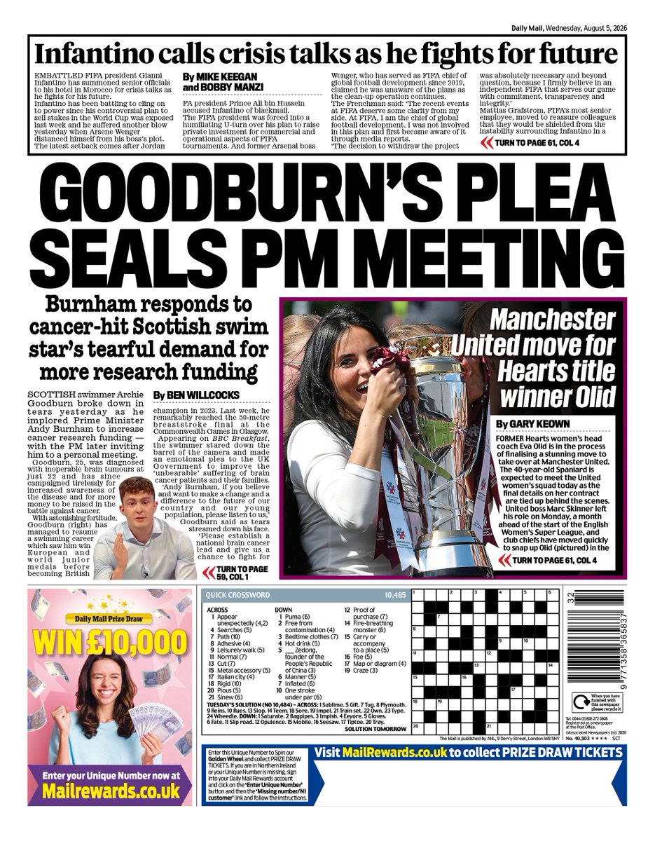 MailOnlineScot's tweet photo. 🗞️ Wednesday's Scottish Daily Mail back page: Goodburn's plea seals PM meeting
#TomorrowsPapersToday #scotpapers
👉 Read more on #MailOnline https://t.co/BlmCcW7Fs3 https://t.co/JTUJLAFemM