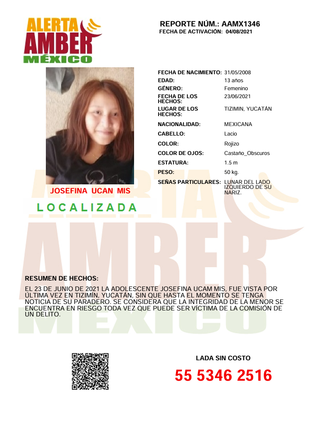 AAMBER_mx's tweet photo. La #AlertaAMBER para la adolescente MARÍA JOSEFINA UCAN MIS, de entonces 13 años de edad, se desactiva debido a su localización. ¡Gracias por tu apoyo! https://t.co/cQzinYGAwR