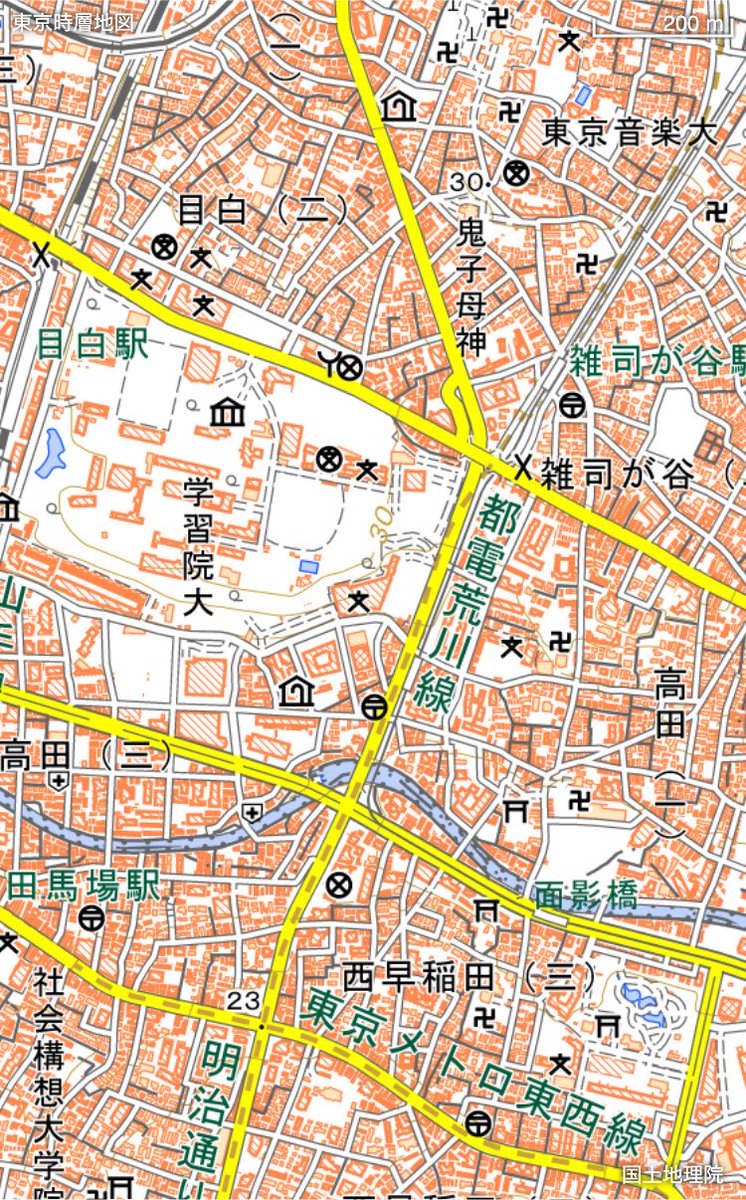 ataru_mix's tweet photo. この当時の高田町は学習院の北で鬼子母神の西、今の目白二丁目の一部か。
（東京時層地図） https://t.co/UTJv9djThz