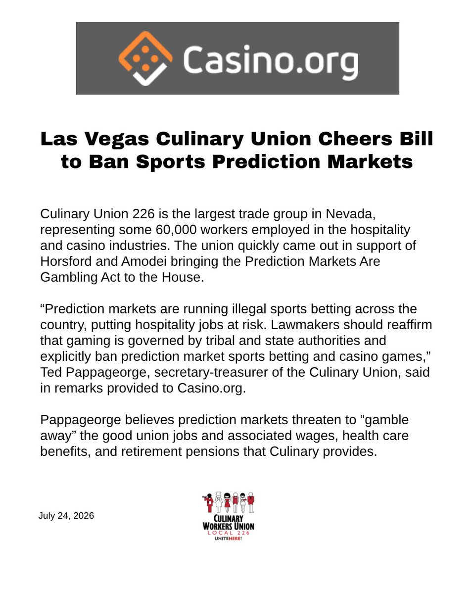 Culinary226's tweet photo. “Prediction markets are running illegal sports betting across the country, putting hospitality jobs at risk. Lawmakers should  explicitly ban prediction market sports betting and casino games,” said @TedP226.

📰 https://t.co/kAVUkXgeoB: https://t.co/1gFfunyLHA https://t.co/pZdtg4Ids2