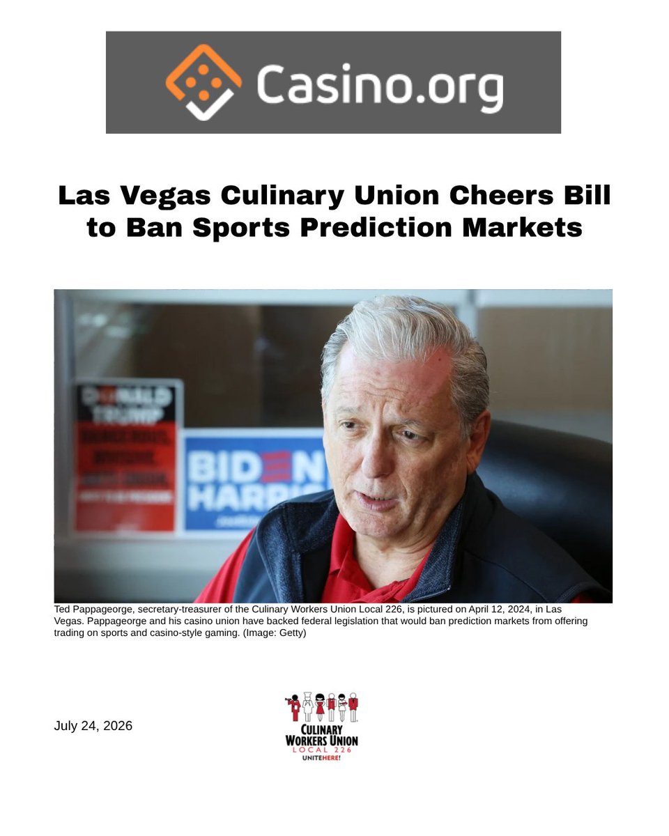 Culinary226's tweet photo. “Prediction markets are running illegal sports betting across the country, putting hospitality jobs at risk. Lawmakers should  explicitly ban prediction market sports betting and casino games,” said @TedP226.

📰 https://t.co/kAVUkXgeoB: https://t.co/1gFfunyLHA https://t.co/pZdtg4Ids2
