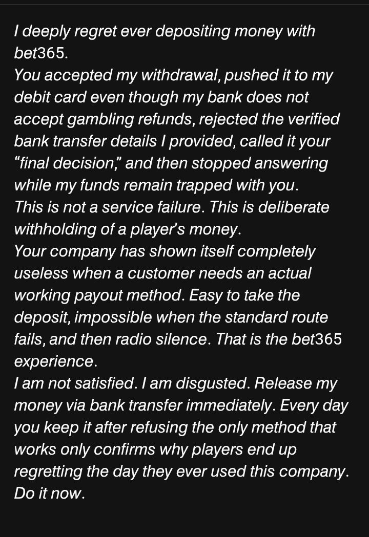 paulmut00's tweet photo. @bet365help Release my money now.
@MartinSLewis @BBCNews @SkyNews @GamRegGB please help – Bet365 is refusing to release my funds.
#AvoidBet365 https://t.co/X2ktZU3MkO