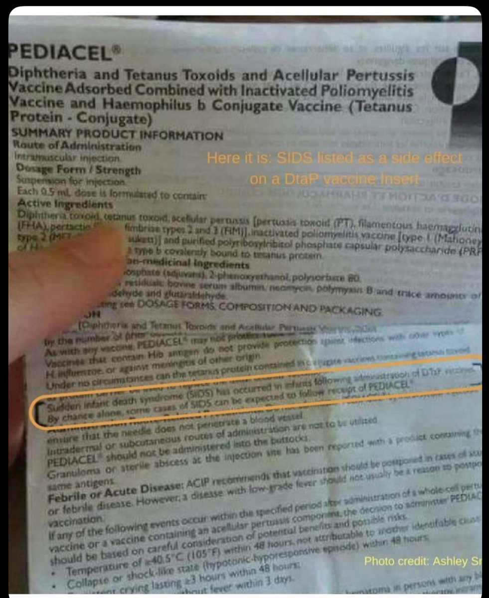 HerbsandDirt's tweet photo. ☠️SIDS☠️

Just a reminder that they TOLD US in this manufacturers insert for the DTaP. 

It was there all along.
And they lied &amp; continue lying about it to this day. https://t.co/s0wSeDVtBc