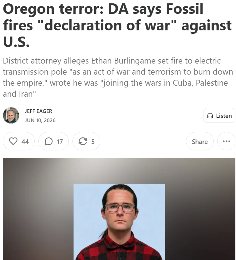 Jeff_Eager's tweet photo. With Pacific Northwest allegedly arson-caused wildfires very much in the news, this story from June seems relevant.

We broke news prosecutors believe Ethan Burlingame set fires near Fossil, OR in June as part of his "war" against the United States. 🔗👇 https://t.co/xADymE8wcL