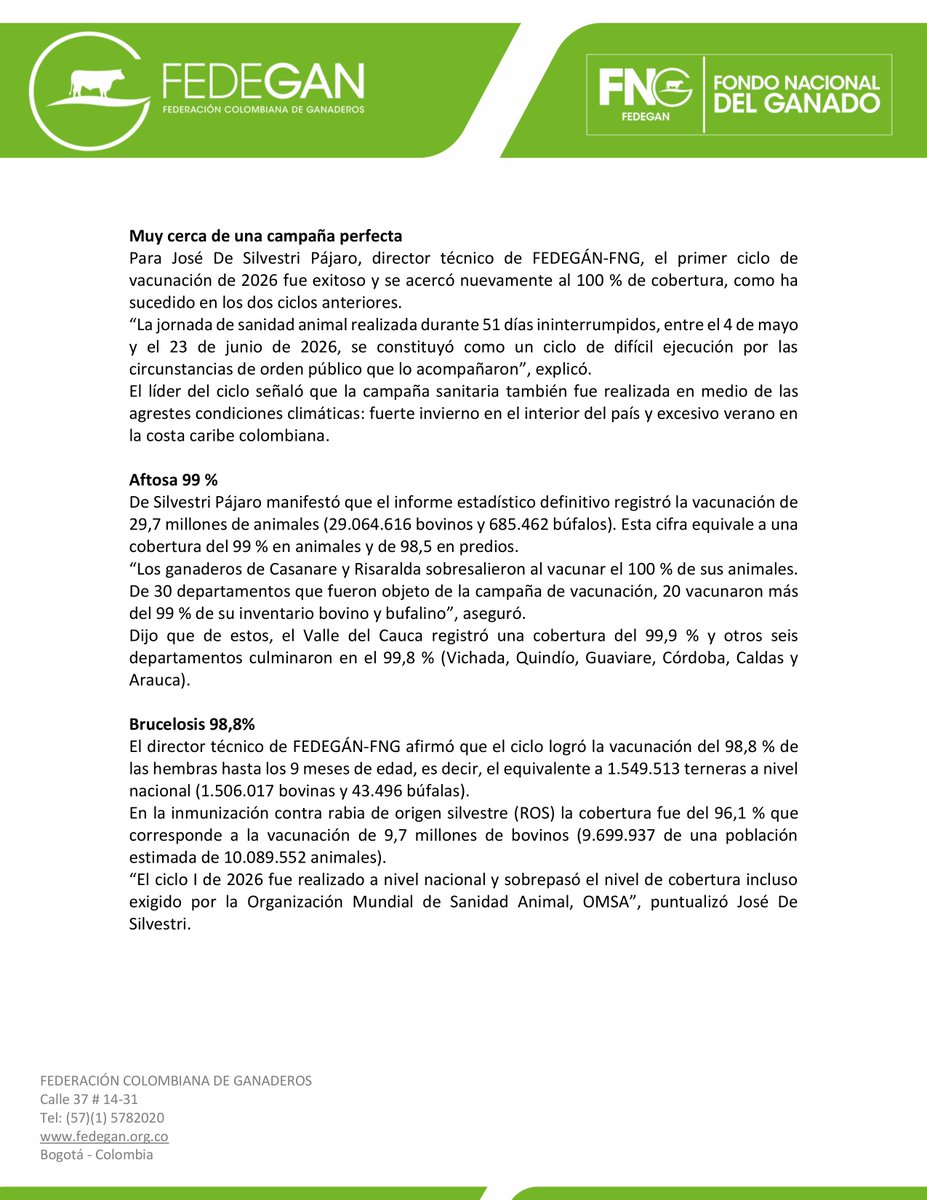 jflafaurie's tweet photo. #Atención #EsNoticia #TodosAVacunar 

¿Cómo nos fue en el más reciente ciclo de vacunación contra aftosa? NO dejen de leer este... ⬇️⬇️⬇️

COMUNICADO DE PRENSA

¡Campaña sanitaria casi perfecta! FEDEGÁN e ICA vacunaron contra aftosa el 99 % del hato bovino y bufalino de Colombia

- El informe estadístico definitivo reveló la vacunación de 29,7 millones de animales (29.064.616 bovinos y 685.462 búfalos). Los ganaderos de Casanare y Risaralda sobresalieron al inmunizar contra fiebre aftosa el 100 % de su inventario.

BOGOTÁ D. C., 4 de agosto de 2026. En un 99 % #FEDEGÁN y el @ICACOLOMBIA blindaron el hato ganadero colombiano durante el I Ciclo de Vacunación de 2026 contra fiebre aftosa, brucelosis y rabia de origen silvestre. Con este resultado también fue protegido el estatus sanitario de país libre de aftosa otorgado por la Organización Mundial de Sanidad Animal (OMSA) en febrero de 2020.
Este nivel de cobertura obtenido en la primera campaña sanitaria de este año fue confirmado por el informe estadístico definitivo emitido por la alianza público-privada entre el Instituto Colombiano Agropecuario (ICA) y la Federación Colombiana de Ganaderos (FEDEGÁN) – Fondo Nacional del Ganado (FNG).
“Los ganaderos colombianos han adquirido una férrea cultura de sanidad animal promovida por FEDEGÁN-FNG como ejecutor de los ciclos de vacunación en sus más de tres décadas de alianza público-privada con el ICA”, manifestó José Félix Lafaurie Rivera, presidente ejecutivo de FEDEGÁN.
Recordó que este sector aporta el 1,4 % del PIB del país. “Los cerca de 700.000 productores de este sector, a través de la vacunación contra la fiebre aftosa, le aseguraron salud y bienestar a sus animales y a la actividad bovina a nivel nacional”.
El dirigente indicó que el estatus sanitario bovino es considerado como un factor primordial e innegociable para ingresar a los mercados internacionales de productos y subproductos cárnicos y lácteos.

Muy cerca de una campaña perfecta
Para José De Silvestri Pájaro, director técnico de FEDEGÁN-FNG, el primer ciclo de vacunación de 2026 fue exitoso y se acercó nuevamente al 100 % de cobertura, como ha sucedido en los dos ciclos anteriores.
“La jornada de sanidad animal realizada durante 51 días ininterrumpidos, entre el 4 de mayo y el 23 de junio de 2026, se constituyó como un ciclo de difícil ejecución por las circunstancias de orden público que lo acompañaron”, explicó.
El líder del ciclo señaló que la campaña sanitaria también fue realizada en medio de las agrestes condiciones climáticas: fuerte invierno en el interior del país y excesivo verano en la costa caribe colombiana.

Aftosa 99 %
De Silvestri Pájaro manifestó que el informe estadístico definitivo registró la vacunación de 29,7 millones de animales (29.064.616 bovinos y 685.462 búfalos). Esta cifra equivale a una cobertura del 99 % en animales y de 98,5 en predios.
“Los ganaderos de #Casanare y #Risaralda sobresalieron al vacunar el 100 % de sus animales. De 30 departamentos que fueron objeto de la campaña de vacunación, 20 vacunaron más del 99 % de su inventario bovino y bufalino”, aseguró.
Dijo que de estos, el #ValleDelCauca registró una cobertura del 99,9 % y otros seis departamentos culminaron en el 99,8 % (#Vichada, #Quindío, #Guaviare, #Córdoba, #Caldas y #Arauca).

Brucelosis 98,8 % y ROS 96,1 %
El director técnico de FEDEGÁN-FNG afirmó que el ciclo logró la vacunación del 98,8 % de las hembras hasta los 9 meses de edad, es decir, el equivalente a 1.549.513 terneras a nivel nacional (1.506.017 bovinas y 43.496 búfalas).
En la inmunización contra rabia de origen silvestre (ROS) la cobertura fue del 96,1 % que corresponde a la vacunación de 9,7 millones de bovinos (9.699.937 de una población estimada de 10.089.552 animales).
“El ciclo I de 2026 fue realizado a nivel nacional y sobrepasó el nivel de cobertura incluso exigido por la Organización Mundial de Sanidad Animal, OMSA”, puntualizó José De Silvestri.

@Fedegan
@Portafolioco
@agronegocios_co
@larepublica_co
@ELTIEMPO
@elespectador
@WRadioColombia
@NoticiasCaracol
@CaracolRadio
@BluRadioCo
@lafm
@NoticiasRCN
@rcnradio
@RedMasNoticias
@Citytv
@CityNoticiasTv
@CanalCapital
@RTVCnoticias
@Melodia_FM
@ElNuevoSiglo
@pulzo
@elheraldoco
@ElUniversalCtg
@elcolombiano
@HoyDiarioMag
@voceroprovincia
@CostaNoticiasTV
@elpais_america
@elpaiscali
@lapatriacom
@laopinion_col
@PrensaLaNacion
@diariodelhuila
@CanalTelecaribe
@LasNoticiasTel
@TelepacificoTV
@TPNoticias_
@TCNoticiaseje
@canaltelecafe
@RevistaSemana
@dataiFX
@ValoraAnalitik
@EFEnoticias
@AFPespanol
@BloombergLineaC
@BloombergLinea_
@forbescolombia
@Forbes
#OrgullosamenteGanaderos 
#LlegamosATrabajar 
#ConstruyendoGanadería 
#GanaderíaSostenible 
#BienestarAnimal