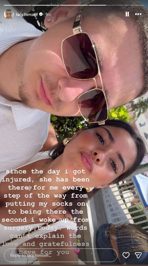 LacyUpdatesLIVE's tweet photo. Lacy shows gratitude to his girlfriend Darla for being there every step of the way through his knee injury ❤️‍🩹

"since the day I got injured, she has been there for me every step of the way from putting my socks on to being there the second I woke up from surgery today. Words can't explain the love and gratefulness I have for you"
