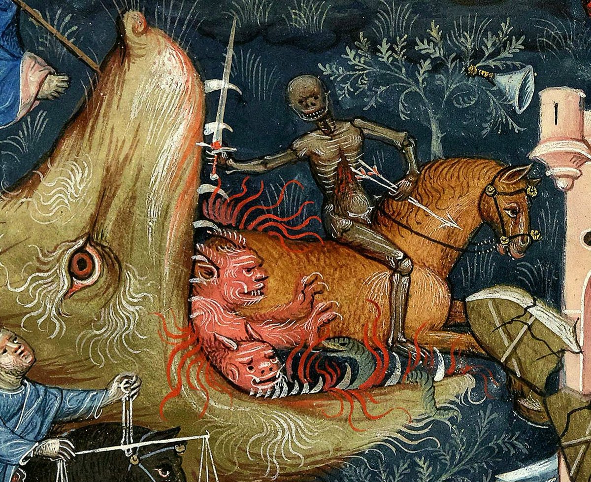 RJCrowtherJr's tweet photo. 💀🗡⚖️☣️ The Four Horsemen of the Apocalypse from the Flemish Apocalypse illuminated maniscript (c. 1400–1410). (Color restored) https://t.co/1rpt3O4WQZ