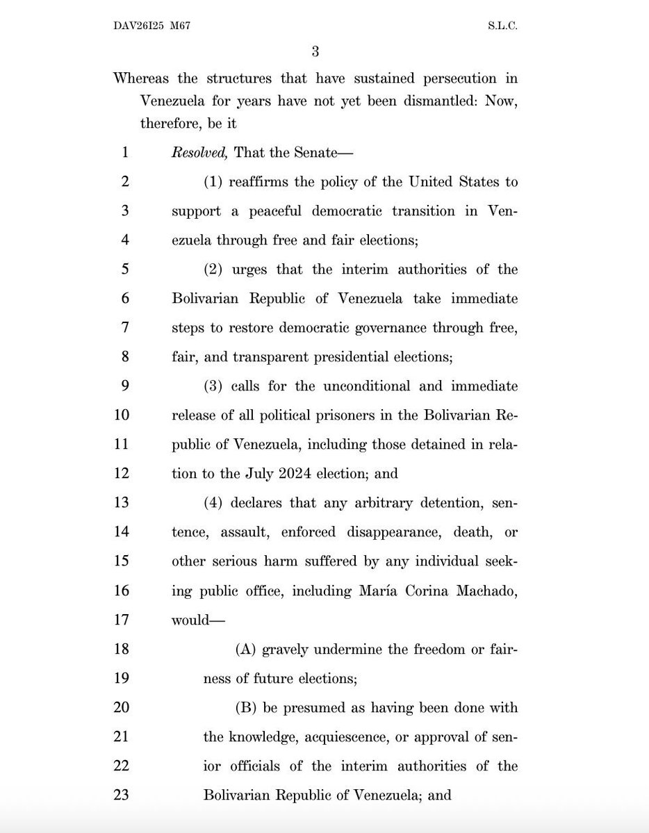 VenteVenezuela's tweet photo. Los senadores @SenTedCruz y @SenatorShaheen presentaron una resolución exigiendo elecciones libres, justas y transparentes en Venezuela: 

Exigencias clave del documento:
- Liberación inmediata de todos los presos políticos.
- Garantías para los candidatos. Advierten que cualquier daño a opositores, incluida @MariaCorinaYA, anulará la legitimidad del proceso.
- Libertad real para que los venezolanos decidan su futuro.

Ambos senadores coinciden: cada día sin avances es un retroceso para la lucha democrática en Venezuela.