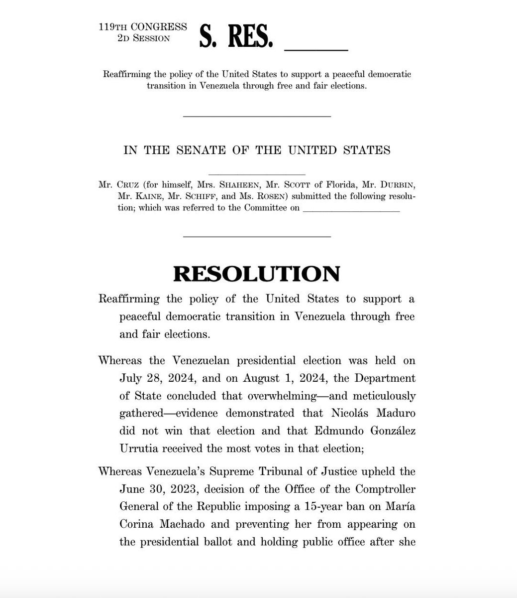 VenteVenezuela's tweet photo. Los senadores @SenTedCruz y @SenatorShaheen presentaron una resolución exigiendo elecciones libres, justas y transparentes en Venezuela: 

Exigencias clave del documento:
- Liberación inmediata de todos los presos políticos.
- Garantías para los candidatos. Advierten que cualquier daño a opositores, incluida @MariaCorinaYA, anulará la legitimidad del proceso.
- Libertad real para que los venezolanos decidan su futuro.

Ambos senadores coinciden: cada día sin avances es un retroceso para la lucha democrática en Venezuela.