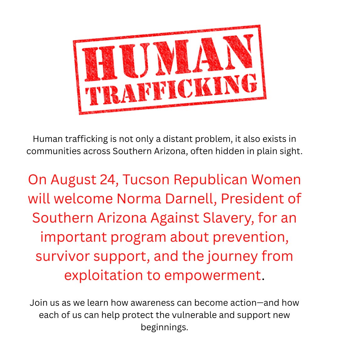 TucsonRepWomen's tweet photo. Hope has a future.
Join TRW on Aug 24 as we welcome Norma Darnell, president of SAAS.
We will learn how SAAS supports survivors through advocacy, mentorship, education, career development, and opportunities to build a new future.
Awareness is the beginning. Action changes lives. https://t.co/5wbjIjNPUj