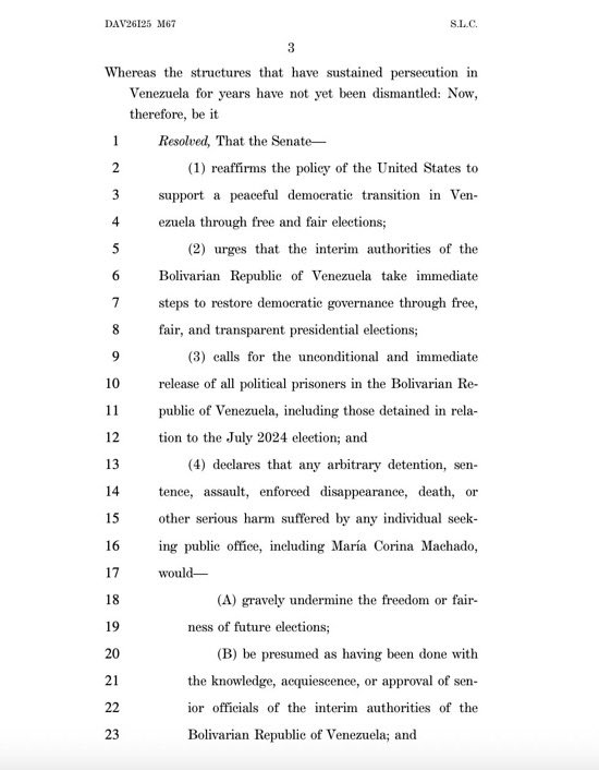 MundoConVzla's tweet photo. Los senadores @SenTedCruz y @SenatorShaheen presentaron una resolución exigiendo elecciones libres, justas y transparentes en Venezuela: 

Exigencias clave del documento:
- Liberación inmediata de todos los presos políticos.
- Garantías para los candidatos. Advierten que cualquier daño a opositores, incluida @MariaCorinaYA, anulará la legitimidad del proceso.
- Libertad real para que los venezolanos decidan su futuro.

Ambos senadores coinciden: cada día sin avances es un retroceso para la lucha democrática en Venezuela.