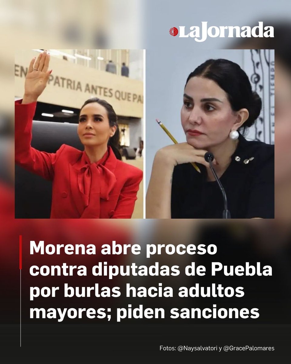 lajornadaonline's tweet photo. 🟤 Morena inició un proceso en contra de las diputadas poblanas, Nay Salvatori y Grace Palomares, quienes se burlaron de los adultos mayores, les dijeron que “huelen a baúl y se están pudriendo”.

La dirigente nacional del partido guinda, Ariadna Montiel, manifestó su enojo por los dichos de las legisladoras y consideró que se les deberían suspender sus derechos como militantes.

Lee más aquí 👇
https://t.co/q99lV6QbFC