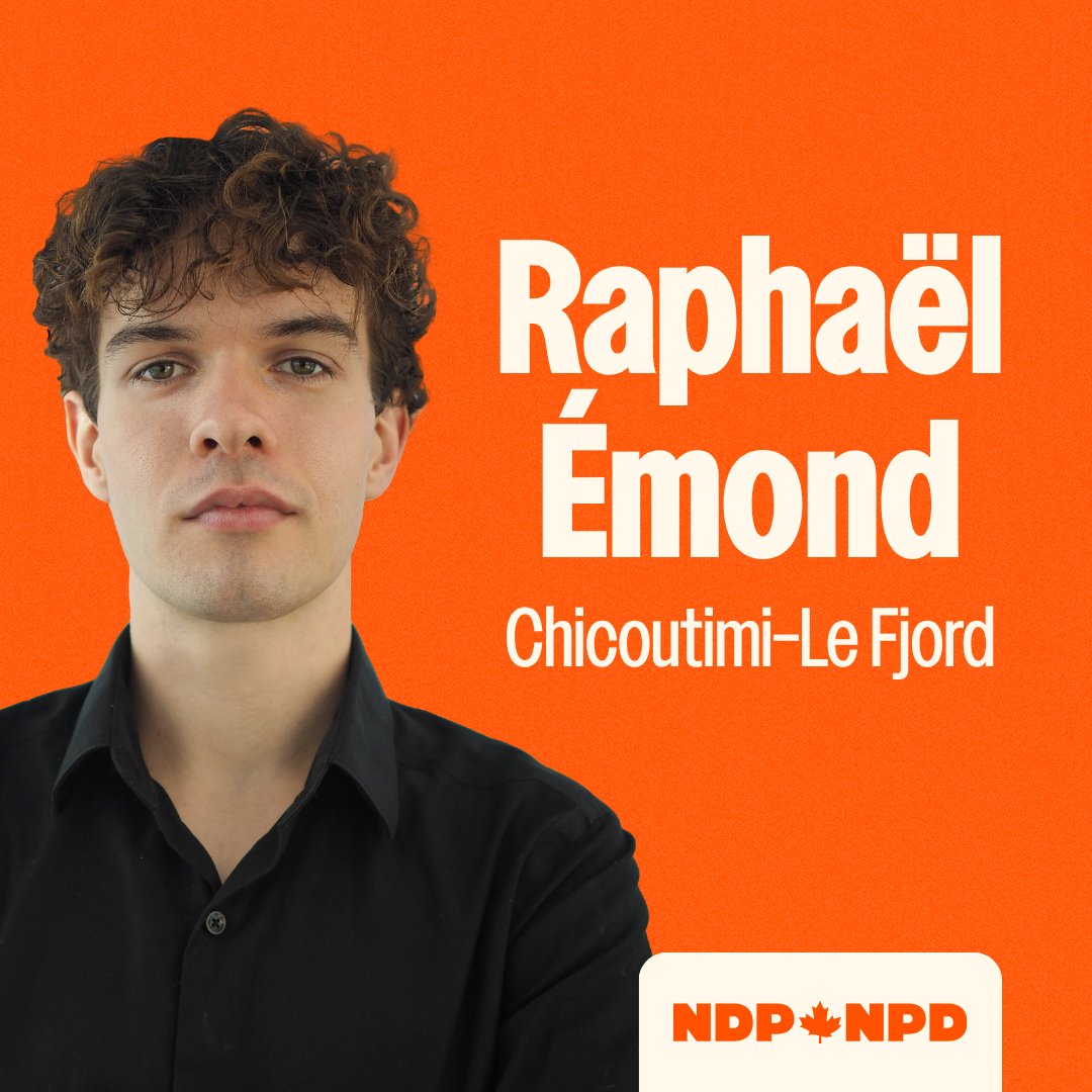 NDP's tweet photo. Voici votre candidat néo-démocrate dans Chicoutimi–Le Fjord : Raphaël Émond!

Originaire de Chicoutimi, Raphaël milite au sein du mouvement néo-démocrate du Québec depuis son plus jeune âge, notamment à titre de vice-président des Jeunes néo-démocrates du Québec (JNDQ).

Fort de son expérience, ayant été candidat du NPD lors des dernières élections générales, Raphaël est profondément attaché à la région du Saguenay et souhaite ardemment défendre les intérêts de sa communauté à Ottawa, notamment en matière de coût de la vie, de services publics renforcés et de protection de l’environnement, ainsi qu'agir comme allié des Premières Nations.

✨Vous pouvez soutenir Raphaël et notre équipe d'organisation ici : https://t.co/UEq7cszF29