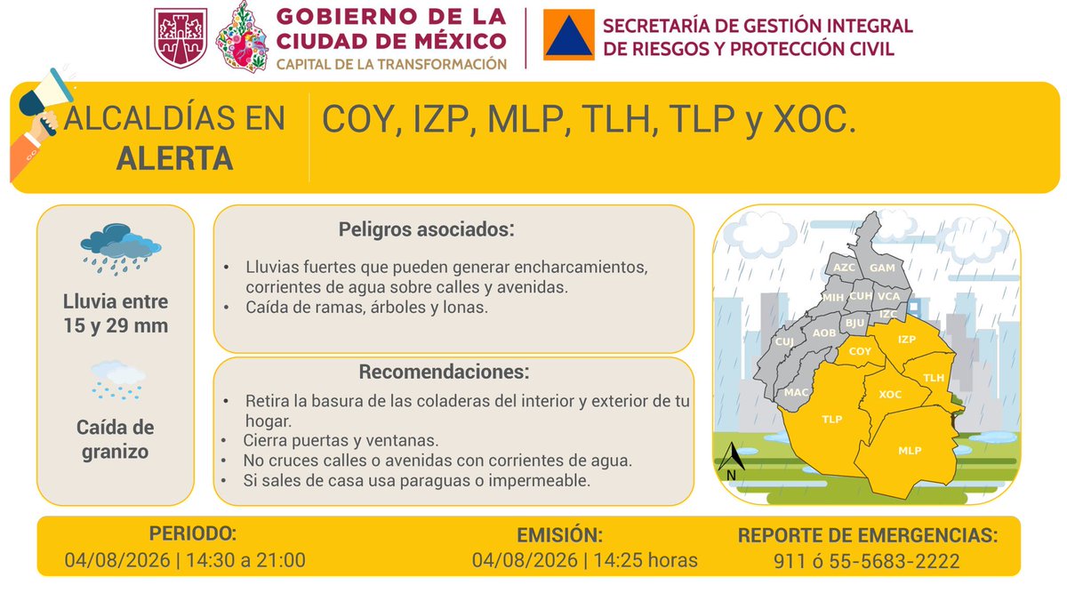 LupitaJuarezH's tweet photo. #TOMENOTA

⚠️ Activan #AlertaAmarilla en #CDMX por pronóstico de #lluvias fuertes y posible caída de #granizo para la tarde y noche de este martes en Coyoacán, Iztapalapa, Milpa Alta, Tláhuac, Tlalpan y Xochimilco.

Tome en cuenta que estas condiciones podrían generar encharcamientos, corrientes de agua sobre calles y avenidas, además de caída de ramas, árboles y lonas.