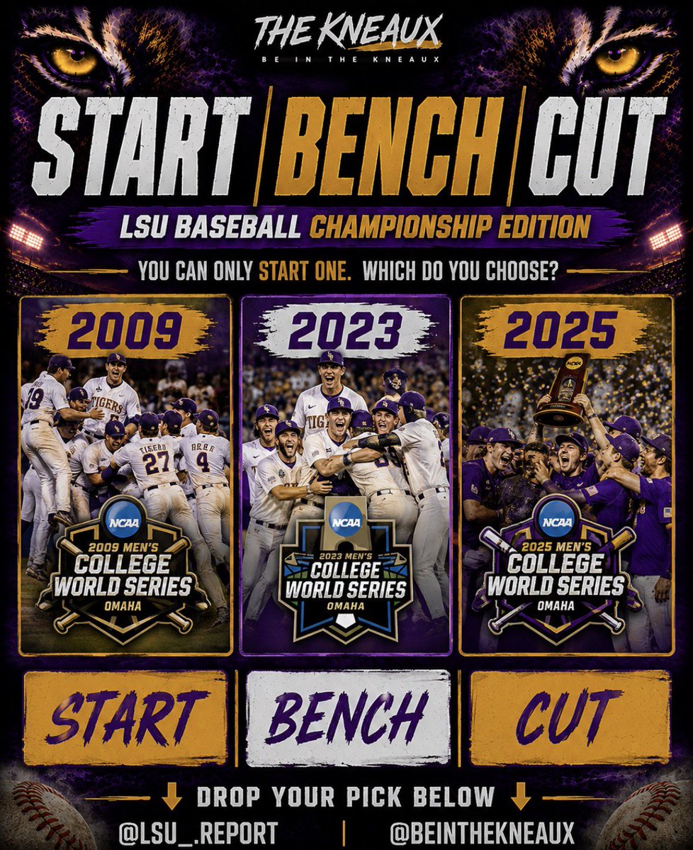 beinthekneaux's tweet photo. This one’s brutal. 🤯⚾

START • BENCH • CUT

🏆 2009
🏆 2023
🏆 2025

You only get one answer… who’s your Start, Bench, and Cut?

#LSU #LSUBaseball #GeauxTigers https://t.co/k0NyfzJXRY