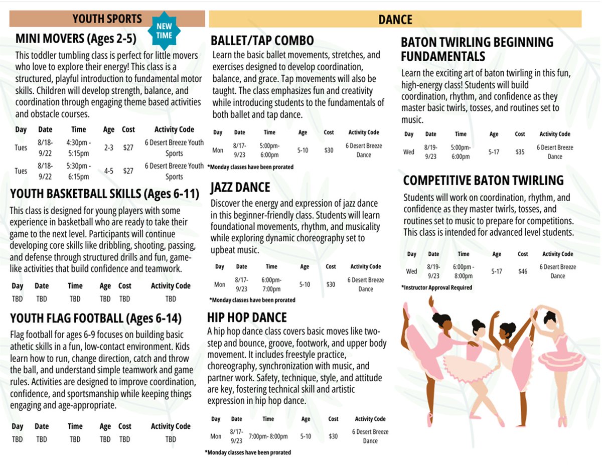 DesertBreezeCC's tweet photo. Our Session 6 Programming begins in two weeks! Our site has music, fitness, dance, sports, and so much more for a people of all ages! For more information, swipe through our brochure or call us at 702-455-8334. #Vegas #TogetherForBetter #LasVegas @clarkcountynv @clarkcountypark https://t.co/goOTyA7RSv