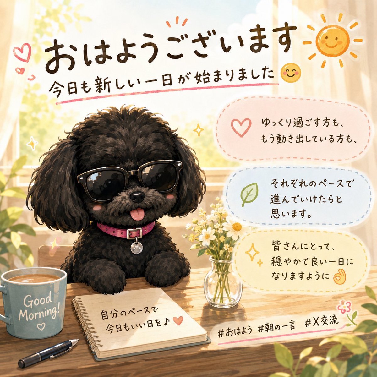 Donkun_aiwanko's tweet photo. おはようございます☀️
今日も新しい一日が始まりました😊 ゆっくり過ごす方も、もう動き出している方も、それぞれのペースで進んでいけたらと思います。
皆さんにとって、穏やかで良い一日になりますように👌

#おはよう #朝の一言 #X交流

上記の内容でＸポストに添える挿絵を1枚作って https://t.co/CYBoGdN8FQ