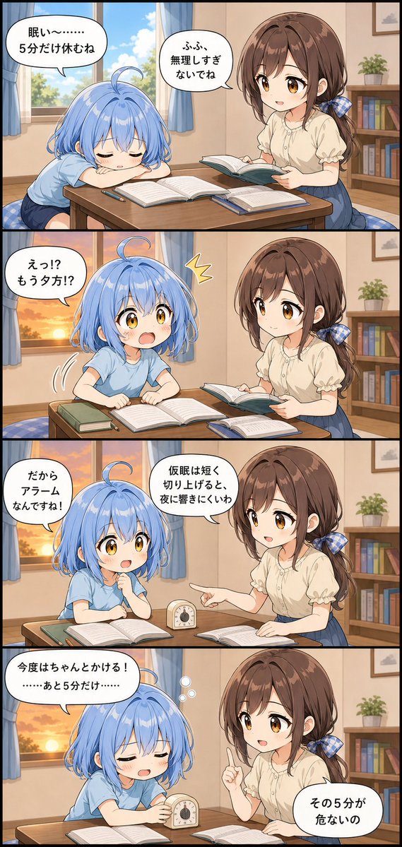 Sakuya_BOX's tweet photo. 「5分だけ休む」が、気づけば夕方……って、あるあるかも？手のをネタにしてみました♪

眠いときの仮眠は悪いことじゃないけれど、長くなりすぎると夜の眠りに響くことも…
小さなアラームで短く区切ると、切り上げるきっかけにしやすいです！

ーサクヤちゃんのその“あと5分”が強敵ですー
#サクヤユニバース #サクヤ4コマ