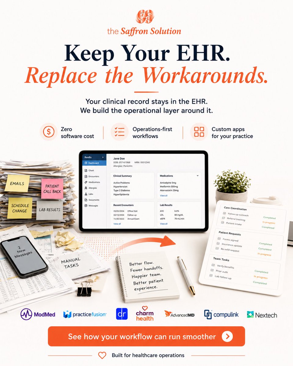 Saffron_Soln's tweet photo. Keep your EHR. Replace the workarounds around it.

We help healthcare teams build smoother workflows with zero software cost, EHR-connected operations, and custom apps.

https://t.co/TrjPOp5Rmu

#HealthcareOperations #EHRIntegration #TheSaffronSolution https://t.co/Cix9YDNs6F