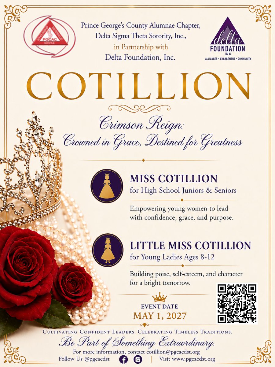 pgcacdst's tweet photo. Announcing the #PGCAC 2027 Cotillion!

Girls ages 8–12 and high school seniors during the '26–27 school year are invited to apply for an extraordinary opportunity to grow, lead, and shine. Applications are due August 30, 2026 For more information, contact: cotillion@pgcacdst.org https://t.co/jnmKCIdbic