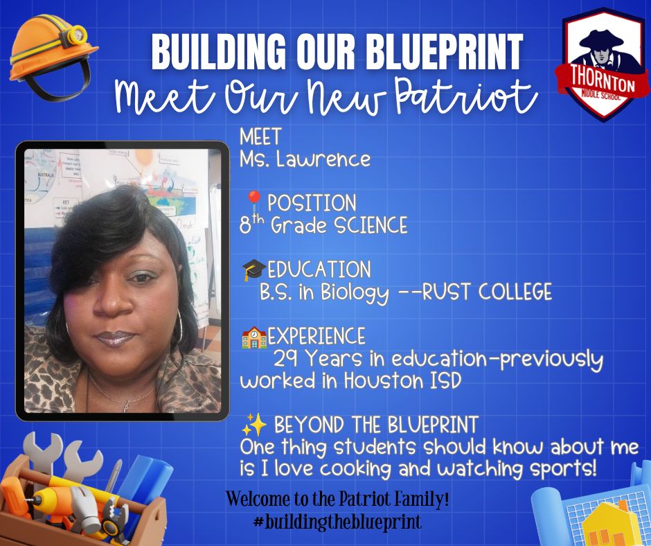 ThorntonCFISD's tweet photo. ❤️ BUILDING OUR BLUEPRINT 💙
Join us in welcoming Ms. Lawrence, our new 8th Grade Science Teacher, to the Patriot Family! 🏗️
#BuildingTheBlueprint #TMSPatriots #CFISD #ThorntonMiddleSchool https://t.co/ac7Up9Gc9o