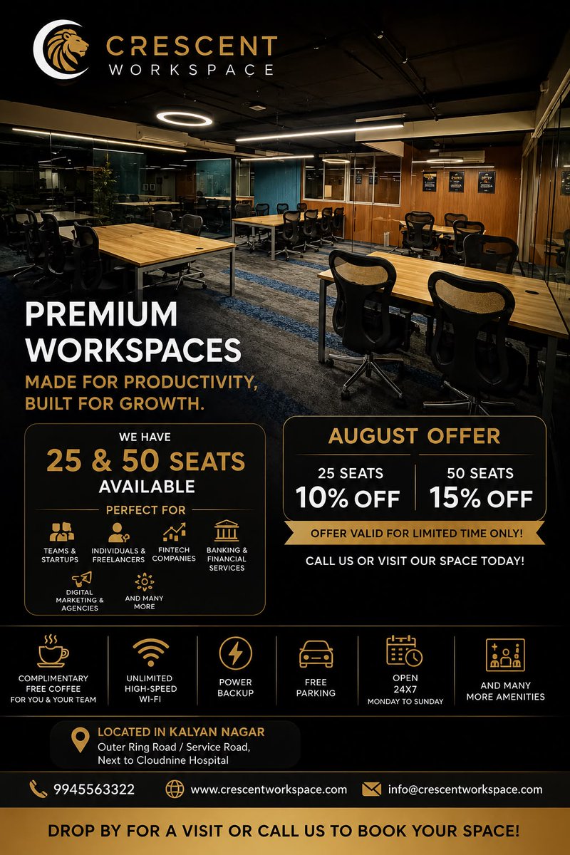 CrescentCowork's tweet photo. Premium workspaces. Smarter teams. Bigger growth.
Private offices, dedicated desks &amp; coworking spaces now available in Kalyan Nagar, Bengaluru.
August Offer: 15% OFF 
https://t.co/hcZNia9V0i +91 9945563322
#Coworking #Bangalore #Startups #OfficeSpace #CrescentWorkspace https://t.co/E10q0KAEij