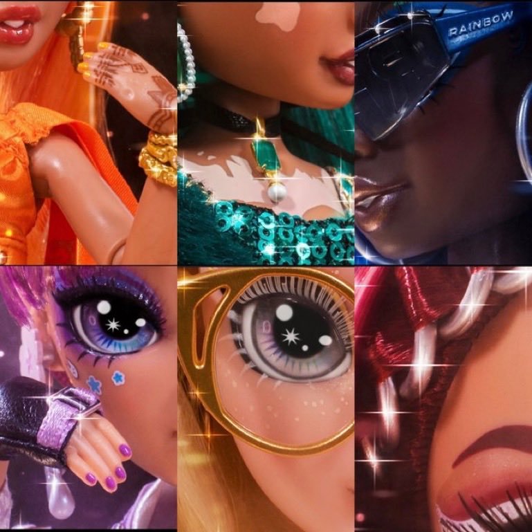 rosettasparkle's tweet photo. It's so cool that these sneak peeks focused on the new thing each doll has
Meena: henna 
Jewel: vitiligo
Coco: completely new face mold 
Lila: face "stickers" 
Delilah: white lashes because of her albinism 
Mila: Berrymore https://t.co/4FOAfC47DM