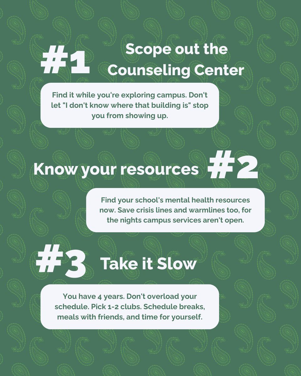 TheBandanaProj's tweet photo. Not feeling 100% ready for this semester? You're not alone. 💚 

Here are 5 tips to stay mentally healthy in college, from finding resources early to building real community. You are capable. You belong here.

#GreenBandanaProject #MentalHealthAwareness #StudentWellness https://t.co/Exdfmo8urQ