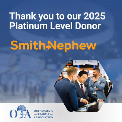 otatrauma's tweet photo. A special thank you to our Platinum Level donor, @SmithNephewPLC!  Your continued partnership and generous support help advance OTA's mission of improving orthopaedic trauma education, research, and providing the highest quality of patient care. https://t.co/sOidsJCbio