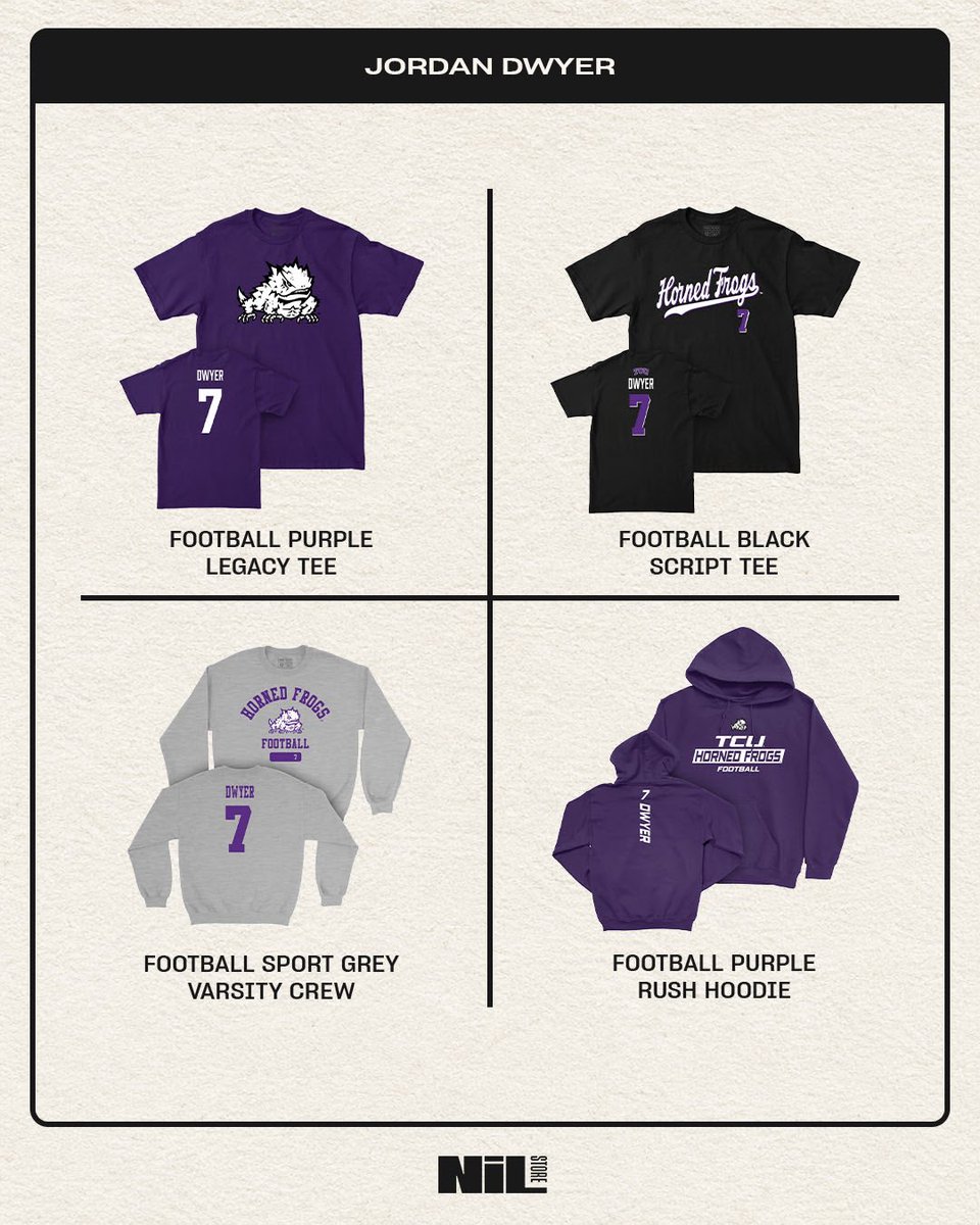 TCUNILStore's tweet photo. Purple runs deep. ๐ธ Rep Jordan Dwyerโs official NIL collection and show your Horned Frog pride wherever you go.
https://t.co/bV755UAPwr
#GoFrogs #tcufootball #giveemhell https://t.co/Nz0cjvoBtW