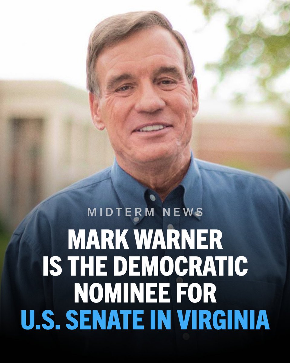TheDemocrats's tweet photo. HUGE: Mark Warner is the Democratic nominee for U.S. Senate in Virginia.

Congrats, Senator! https://t.co/3AeSWMpU8F