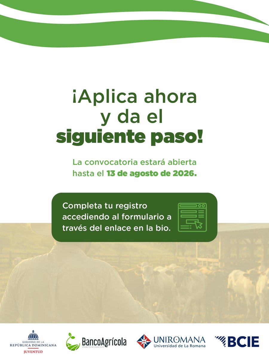 JuventudRD's tweet photo. 🎓¡100 becas disponibles para jóvenes de la Región Este!

Si tienes un proyecto ganadero o formas parte del sector, esta es tu oportunidad de fortalecer tus conocimientos con el Diplomado en Gestión Integral y Administración de Fincas Ganaderas en UNIROMANA

#JuventudRD https://t.co/6APeLCun9x