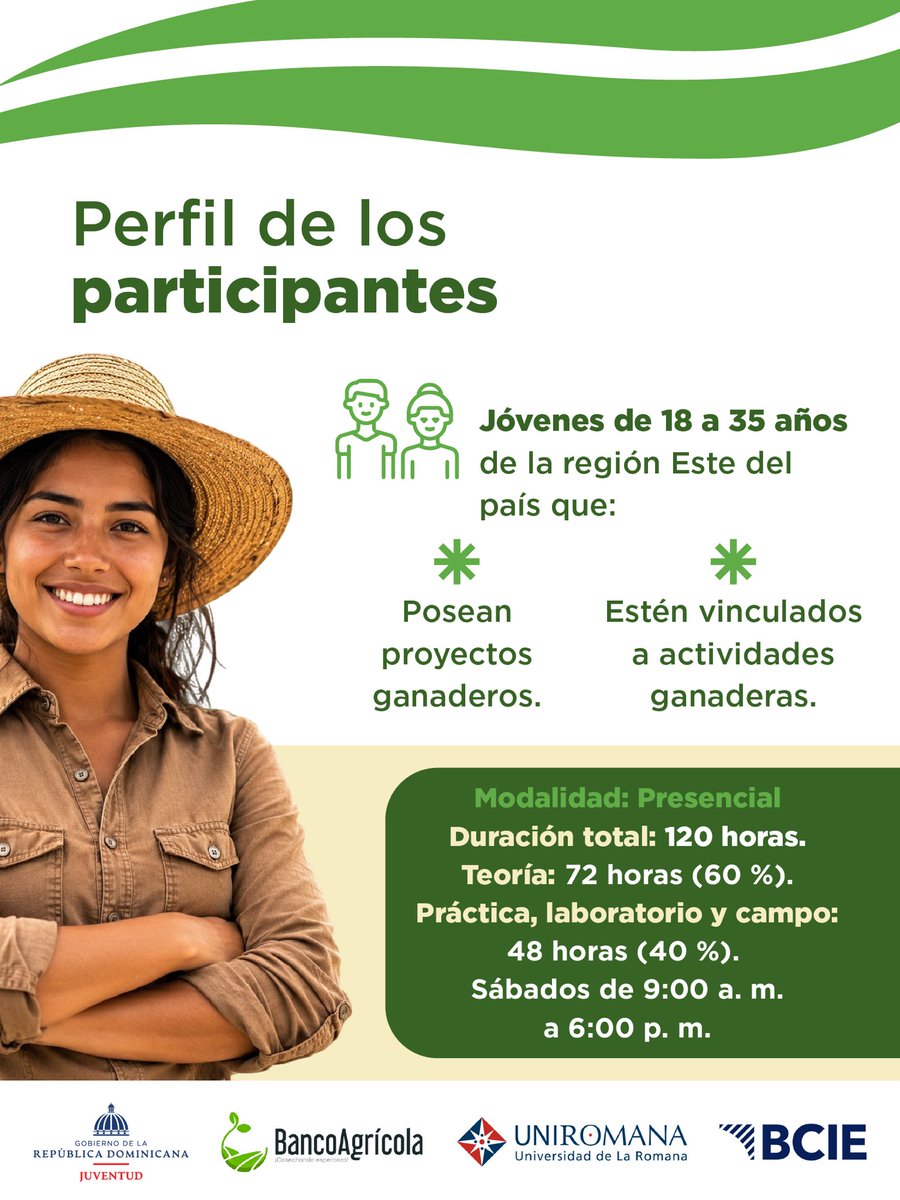 JuventudRD's tweet photo. 🎓¡100 becas disponibles para jóvenes de la Región Este!

Si tienes un proyecto ganadero o formas parte del sector, esta es tu oportunidad de fortalecer tus conocimientos con el Diplomado en Gestión Integral y Administración de Fincas Ganaderas en UNIROMANA

#JuventudRD https://t.co/6APeLCun9x
