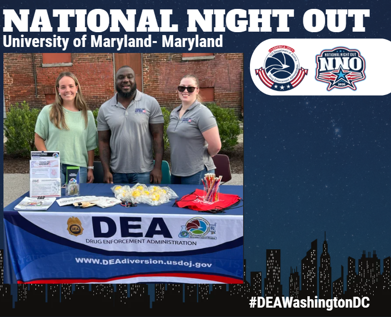 DEAWashingtonDC's tweet photo. Meet the #DEA team! We are out in Maryland sharing with the University of Maryland PD and residents, and talking about #DEA mission, #FentanylfreeAmerica, how #OnePillcanKill and conversations can #SafeLives. #NNO2026 @DEAHQ @TheJusticeDept https://t.co/kAdrz2pI5X