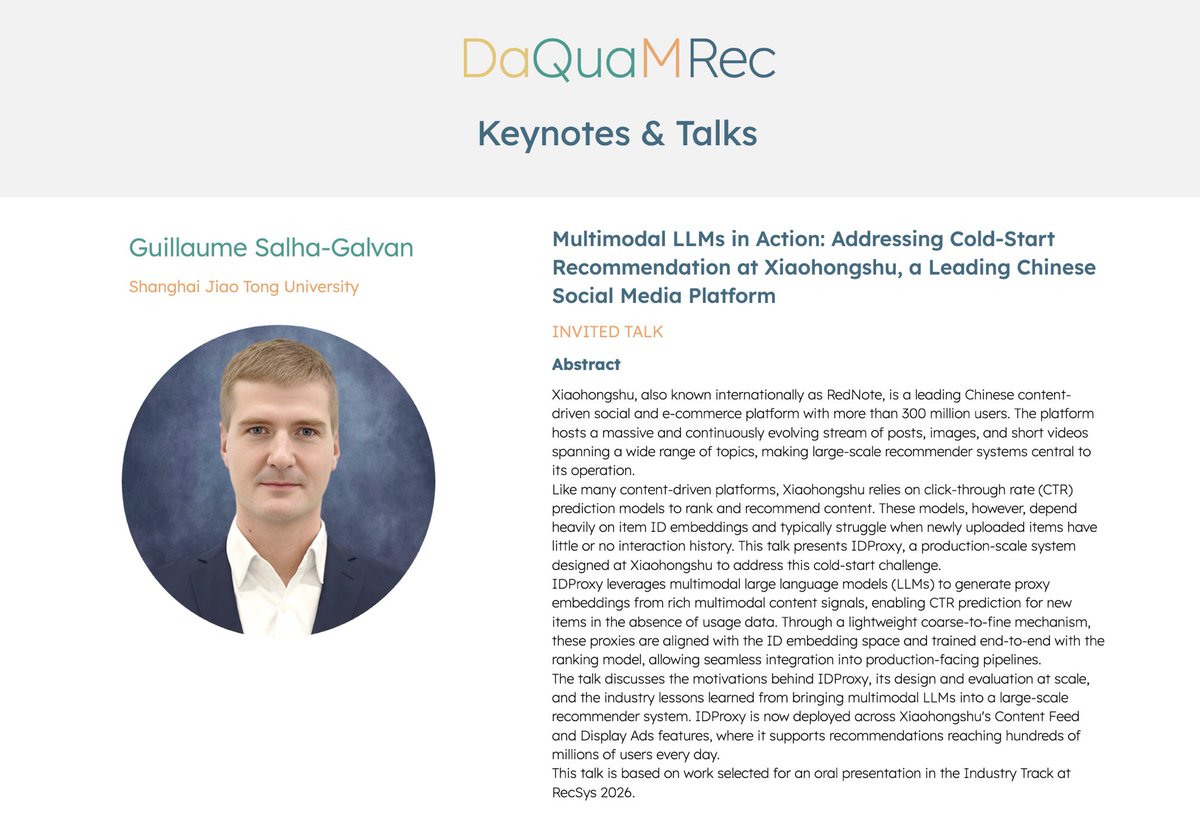 gsalhagalvan's tweet photo. I'll be giving an invited talk on our work on Multimodal LLMs with Xiaohongshu at the DaQuaMRec workshop at #RecSys2026 on September 28 in Minneapolis, MN! 🇺🇸
Many thanks to the organizers.
Looking forward to it!
@ACMRecSys @sjtu1896 @xiaohongshu @DaQuaMRec #RecSys #LLM #MLLM #MultimodalLLM #Recommendation