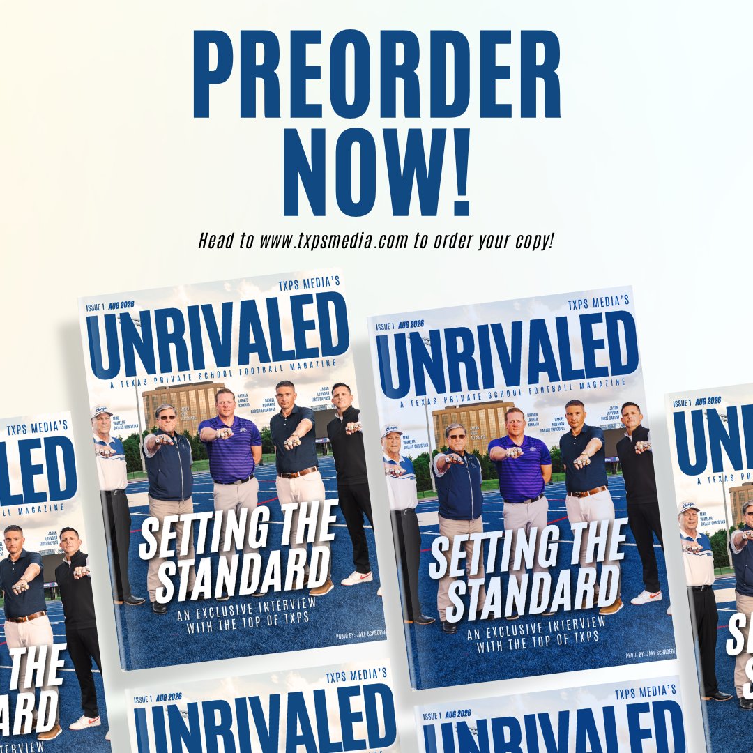 TXPSMedia's tweet photo. PRE-ORDERS FOR UNRIVALED ARE NOW AVAILABLE ‼️

Get your hands on a piece of Texas Private School Football history by pre-ordering a physical copy of the inaugural edition of TXPS Media's Unrivaled

🔗 https://t.co/RHXbD82HPI https://t.co/48GM4w535i