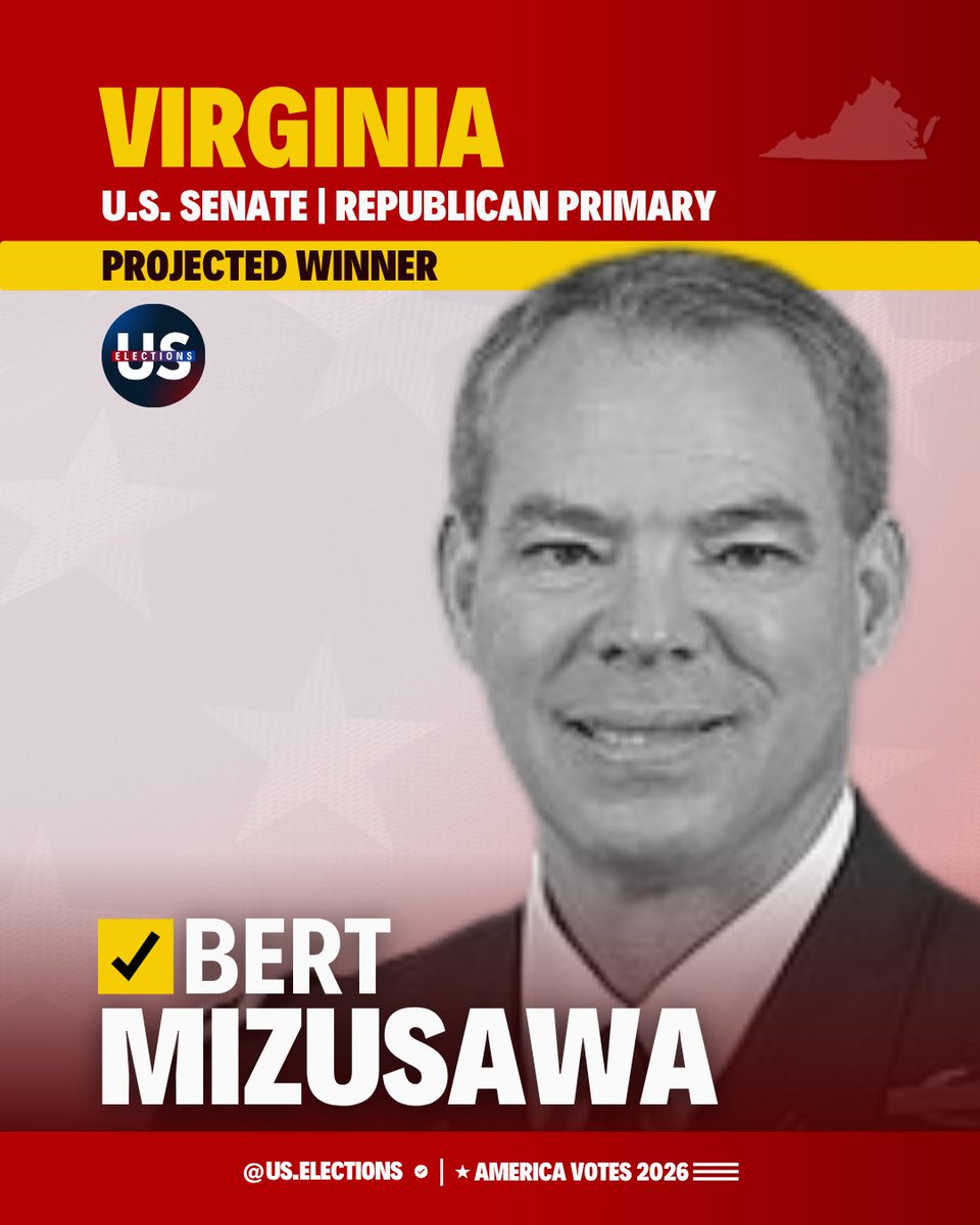 us_electionshq's tweet photo. ✅ PROJECTION | @us_electionshq projects retired major general Bert Mizusawa to win the Republican Primary for U.S. Senate in Virginia. https://t.co/YnDqVNeKxU