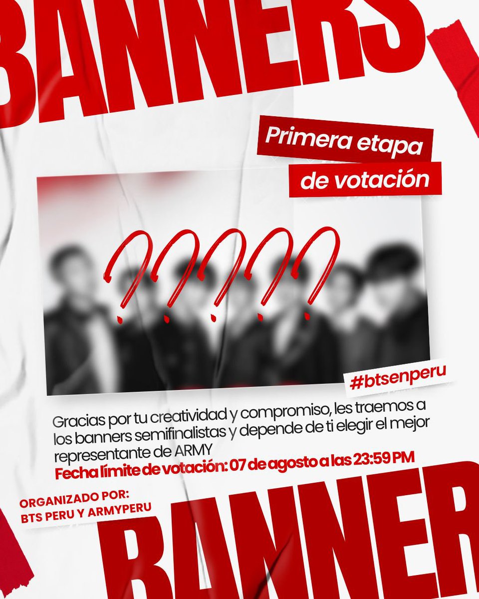 btsarmy_peru's tweet photo. 🗳️ ¡La primera etapa de votación ha comenzado! 💜

Llegó el momento de que ARMY de Perú elija los banners que nos representarán en el fan project durante el concierto de BTS. 🇵🇪✨

Gracias a cada persona que compartió su talento y creatividad. Ahora es el turno de toda la comunidad de elegir los diseños que llevaremos juntos al estadio.

🗓️ Vota hasta el 07 de agosto a las 23:59 p. m. (hora Perú).

Este proyecto lo construimos entre tod@s💜 @bts_peru1 

Podrán ver las imágenes de los banners en el link de la descripción del formulario 🤍

🔗 https://t.co/xIDQzyNs4t