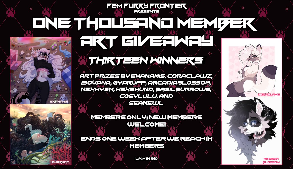 EXANAMIS's tweet photo. ✨Fem Furry Frontier presents its 1,000 members giveaway!✨

🩷13 winners
🩷Prizes from our very talented mod team
🩷Winners chosen one week after hitting 1k

✨See more info below✨

❤️&amp; 🔁 https://t.co/onI5LwTMl9
