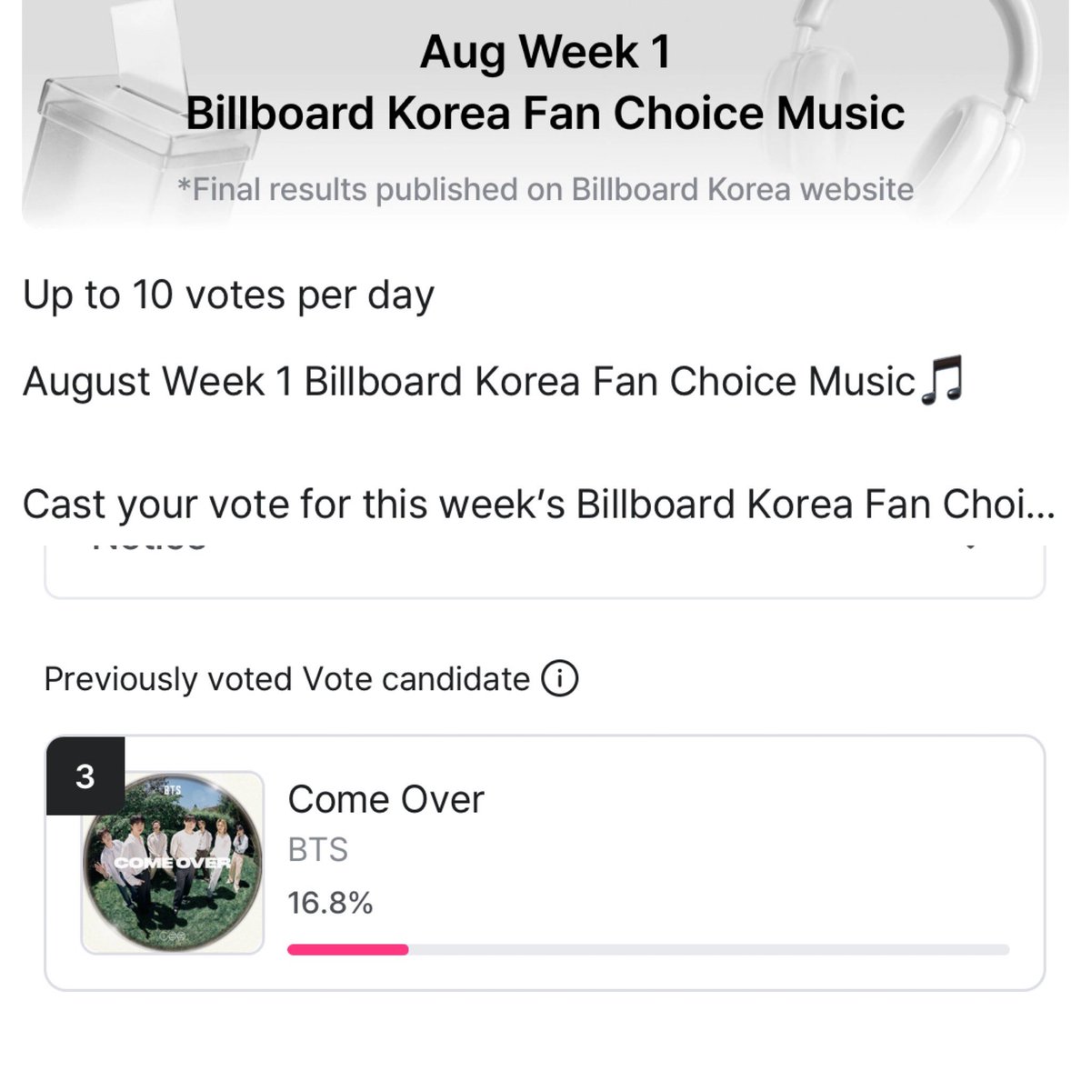 sugamihoney's tweet photo. 🚨DIFUNDAN

RECUERDEN pasar a votar por "COME OVER" en la categoria 'Billboard Korea Fan Choice Music", en la app de MNET. PASEN A EMITIR SUS VOTOS ‼️👇🏻

▫️termina el 08 de Agosto a las 23:59 KST
▫️ 10 votos por dia 

🔗 https://t.co/Bg0uSdOuwk https://t.co/pXdEi45R0A