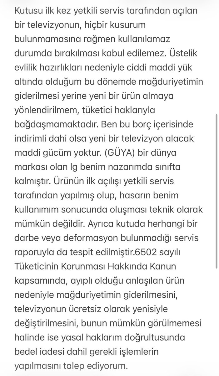 EAyygun's tweet photo. @LGTurkiye Ekim ayında çeyizim için LG QNED86A 65” TV aldım. Düğünüme kadar kutusu hiç açılmadı. İlk açılışı yetkili servis yaptı ve ekranın kırık olduğu tespit edildi. Servis raporunda kutuda darbe/deformasyon olmadığı yazmasına rağmen LG değişim ve onarımı reddetti. #LG #TüketiciHakları https://t.co/YlMfbxWPtp