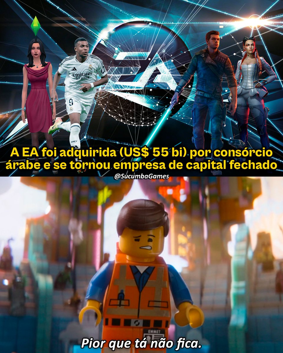 SucumbaGames's tweet photo. A Electronic Arts (EA) confirmou a conclusão de sua venda por US$ 55 bilhões, deixando de ser uma empresa de capital aberto pela primeira vez desde 1990. 
 
Com a transação finalizada, a companhia passa a ser controlada por um consórcio liderado pelo Fundo de Investimento Público da Arábia Saudita (PIF), juntamente com a Silver Lake e a Affinity Partners.