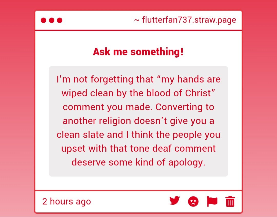 Flutterfan737's tweet photo. i mean, the whole point of Christ dying was to give us a clean slate, so you're wrong. also i didn't say anything to warrant an apology. https://t.co/66TEqr5396