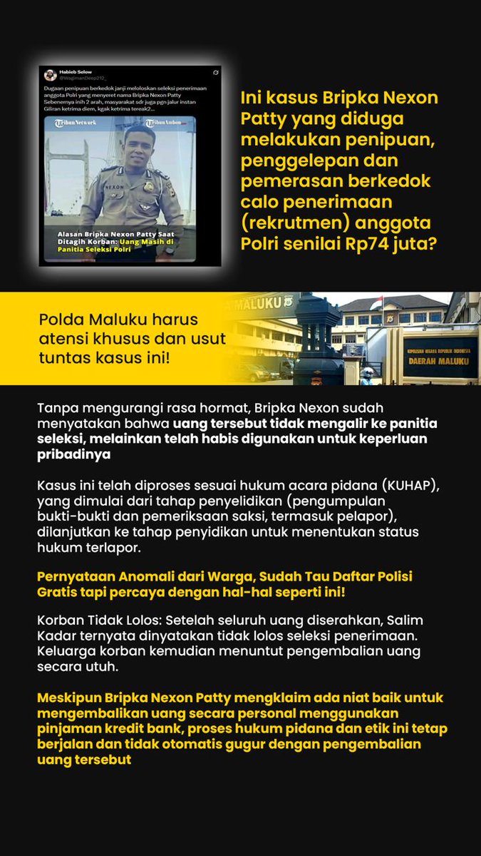 pilarkeamanan's tweet photo. Ulah Bripka Nexon yang diduga jadi calo rekrutmen jelas mencoreng nama baik Polri. Polda Maluku harus usut tuntas kasus ini! Polri wajib tegas pada anggota indisipliner demi integritas rekrutmen.
#PoldaMaluku #Bripka #RekrutmenPolri #propampolri https://t.co/7z9XMfocRn