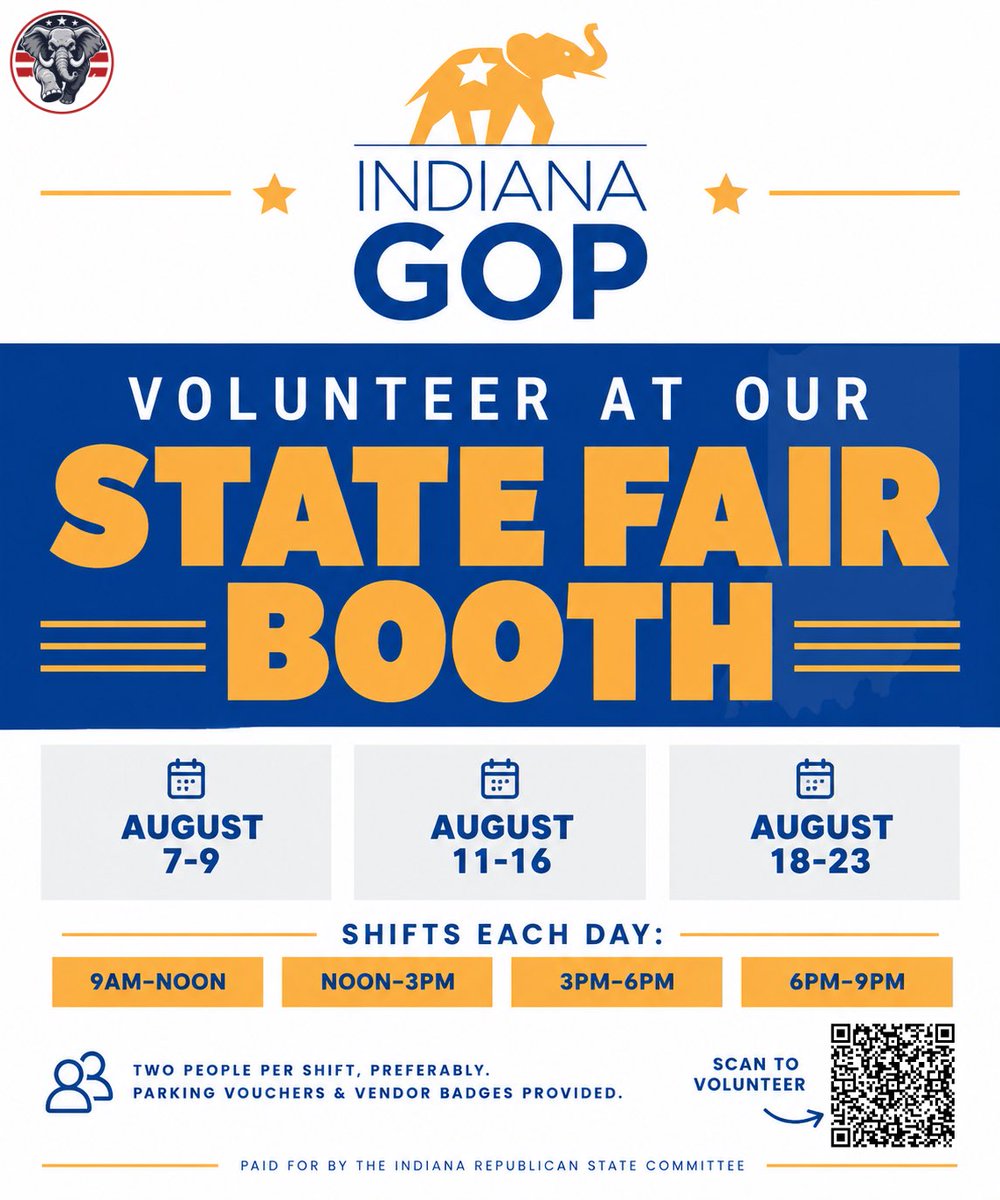 indgop's tweet photo. The Indiana State Fair is almost here! Sign up to volunteer at the Indiana GOP booth by scanning the QR code below. https://t.co/TWTH6I086b