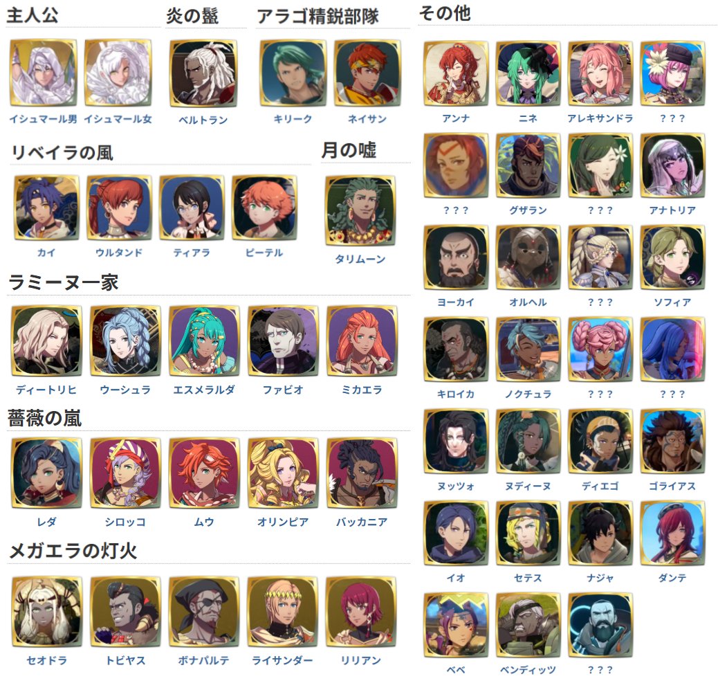 puarts_FEH's tweet photo. 現時点で公開されてるキャラ一覧。
左がプレイアブル(もしくは多分プレイアブルなキャラ)、右がプレイアブルか不明なキャラ
#FE万紫千紅 https://t.co/sZduNF2rDl